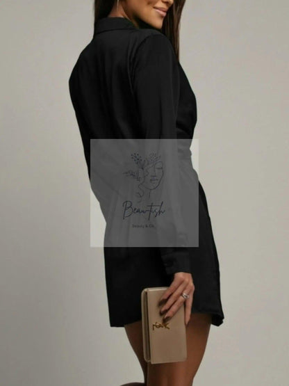 Collared Neck Long Sleeve Satin Dress