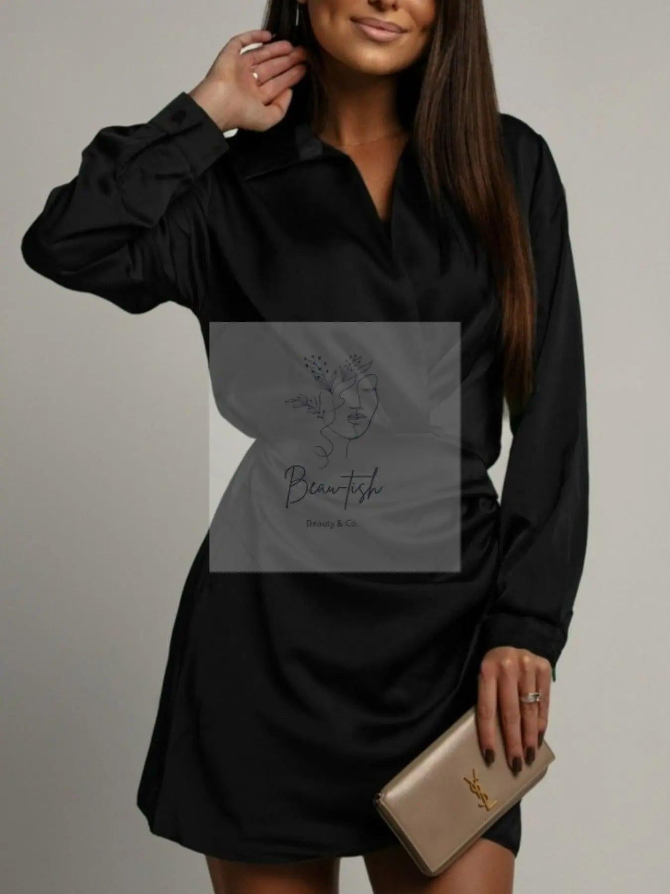 Collared Neck Long Sleeve Satin Dress