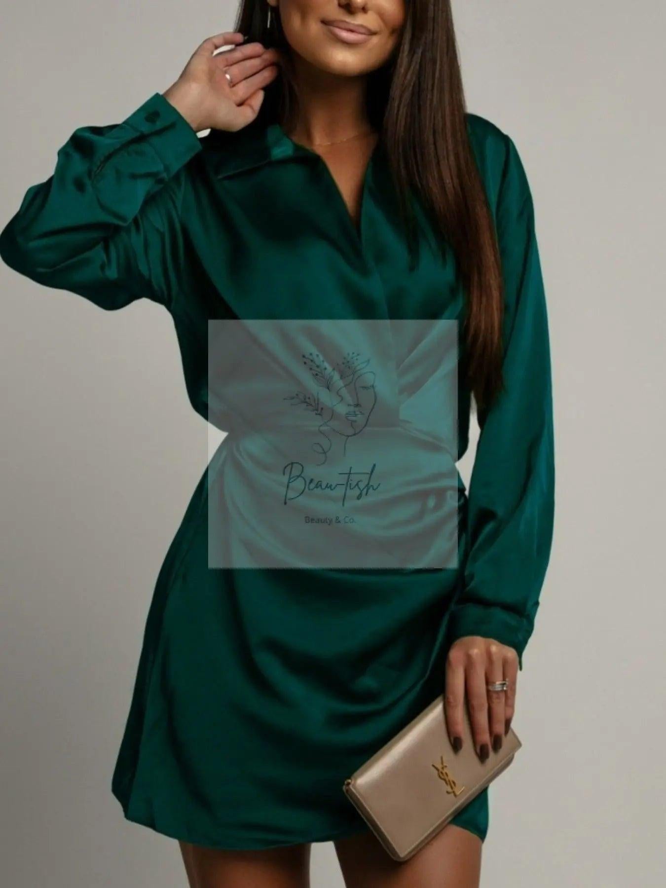 Collared Neck Long Sleeve Satin Dress