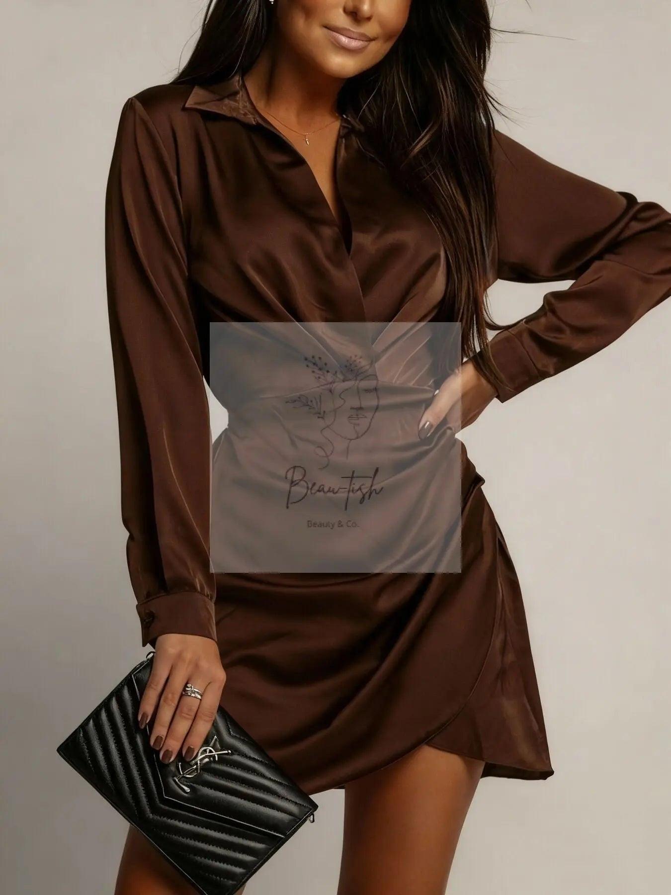 Collared Neck Long Sleeve Satin Dress