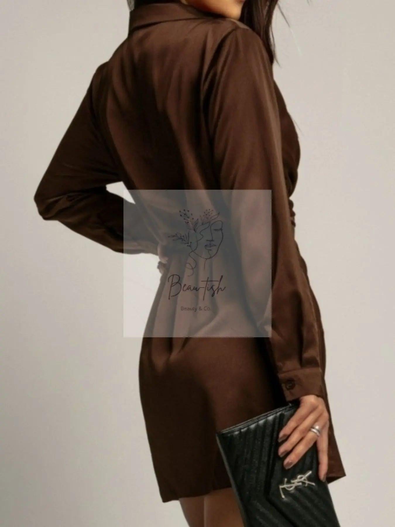 Collared Neck Long Sleeve Satin Dress