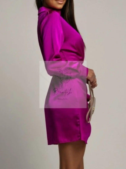 Collared Neck Long Sleeve Satin Dress