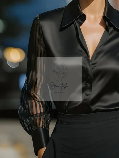 Collared Neck Sheer Sleeve Shirt