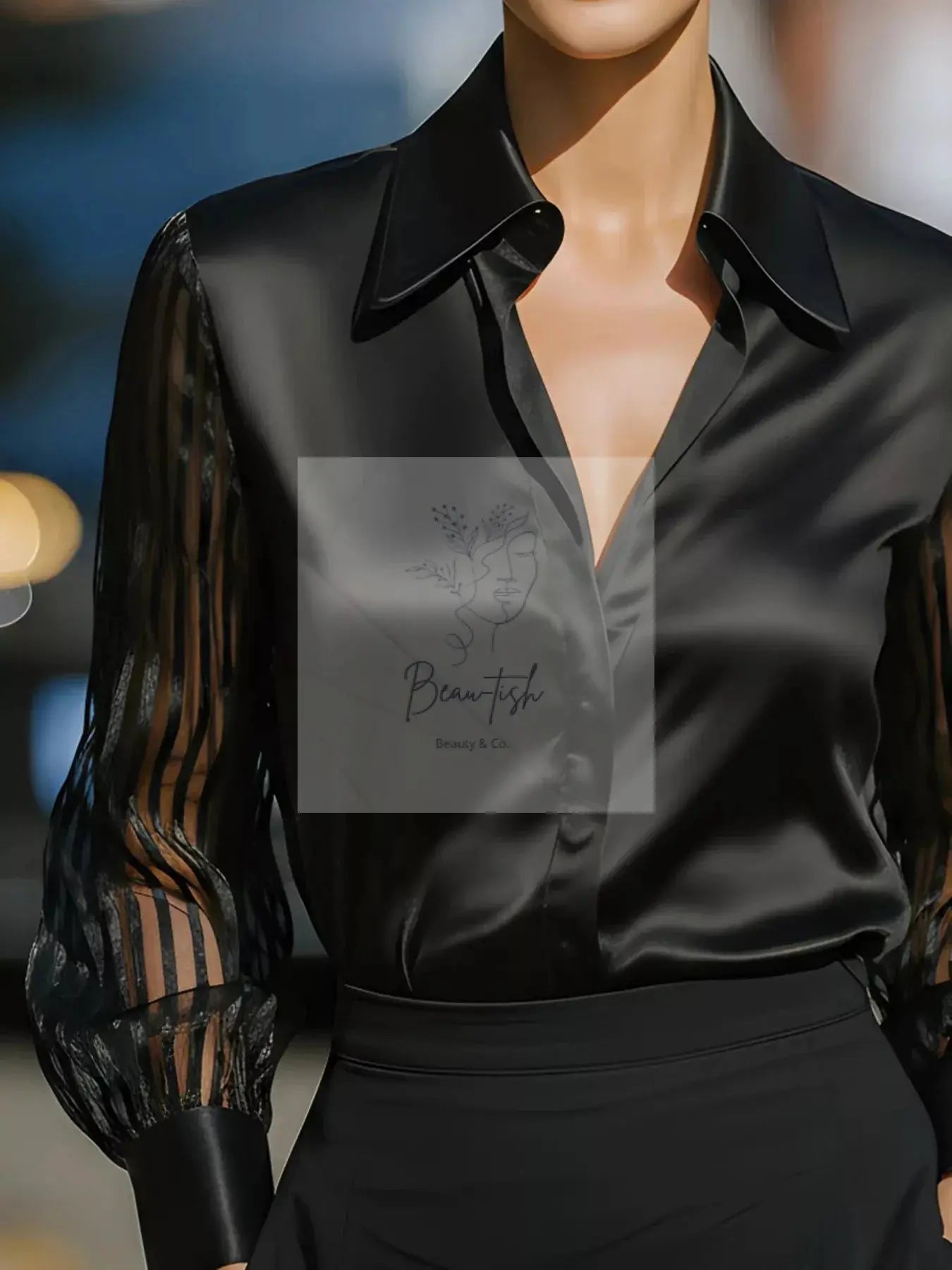 Collared Neck Sheer Sleeve Shirt