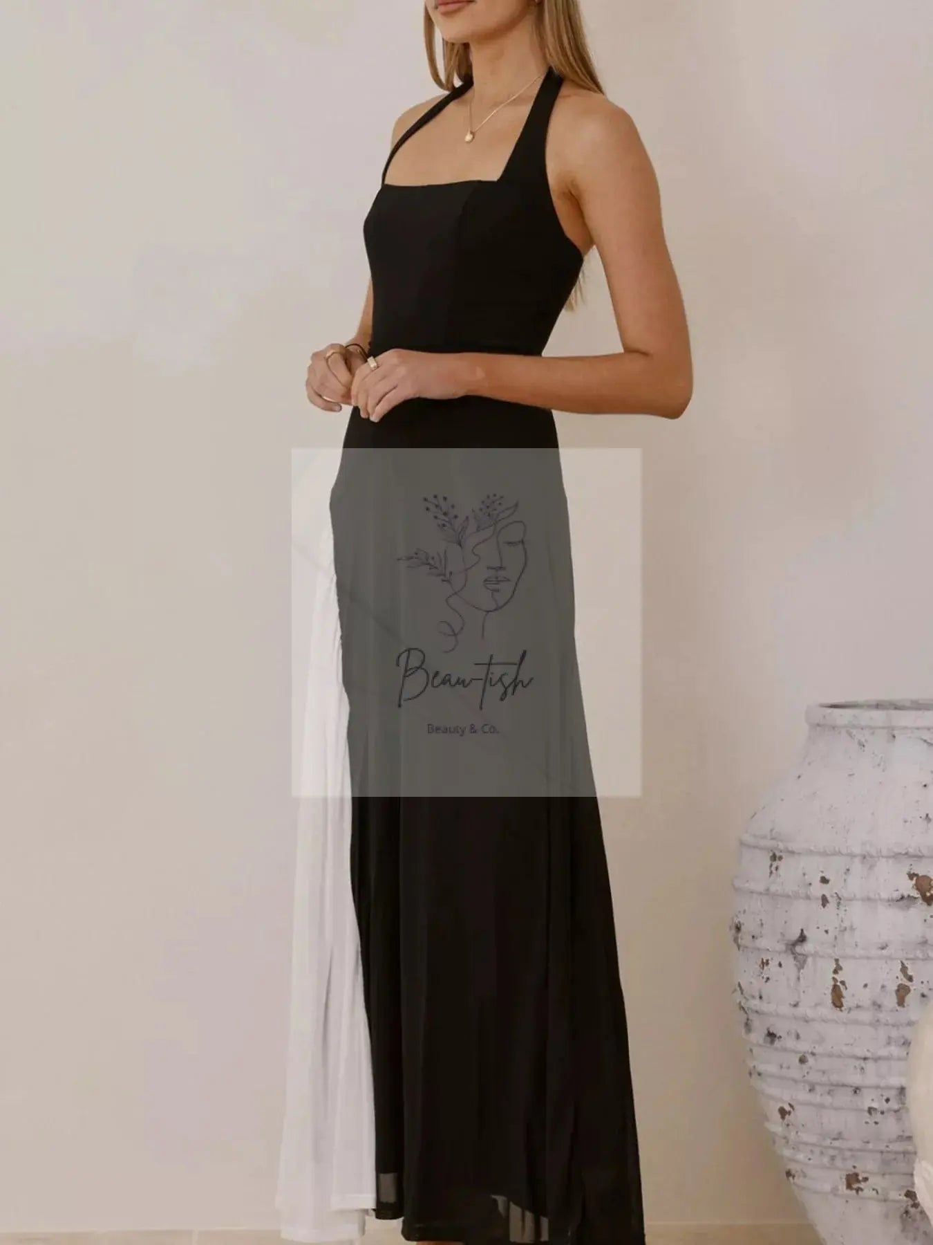 Contrast Halter Neck Maxi Dress
