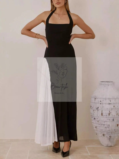 Contrast Halter Neck Maxi Dress