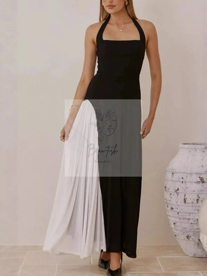Contrast Halter Neck Maxi Dress
