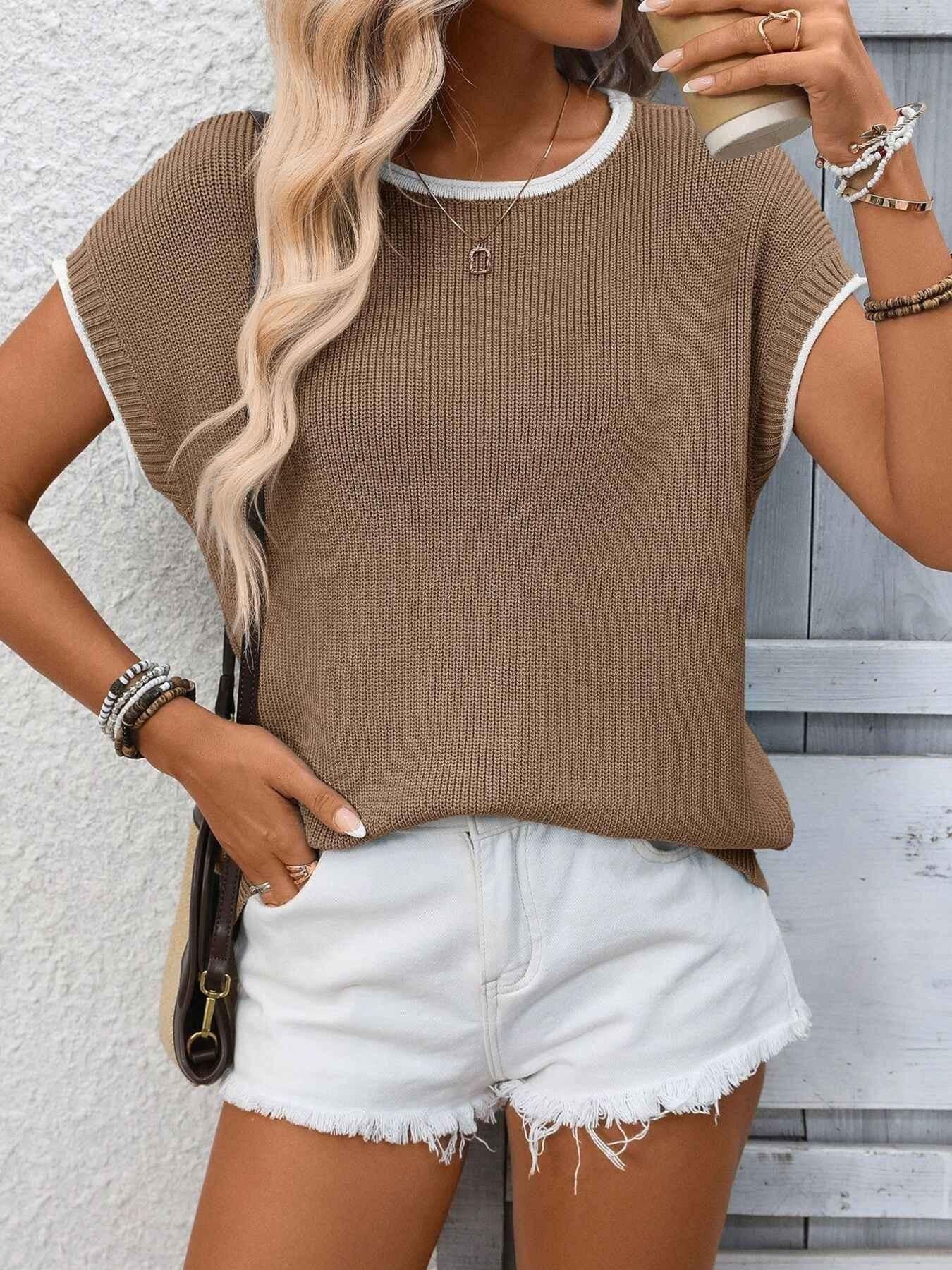Contrast Trim Short Sleeve Sweater