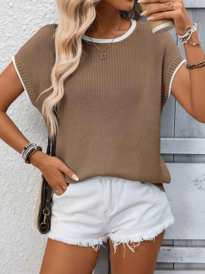 Contrast Trim Short Sleeve Sweater
