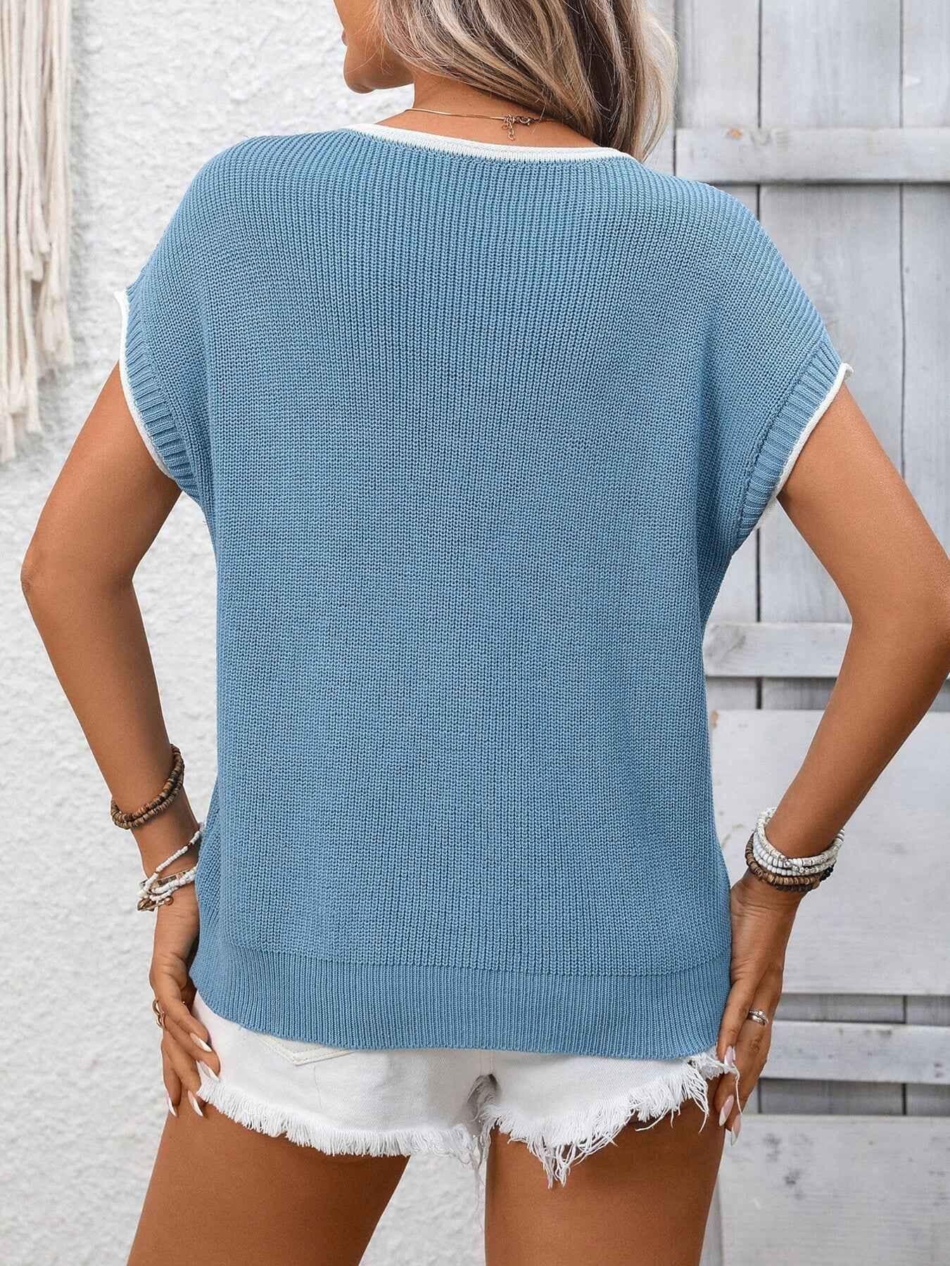 Contrast Trim Short Sleeve Sweater