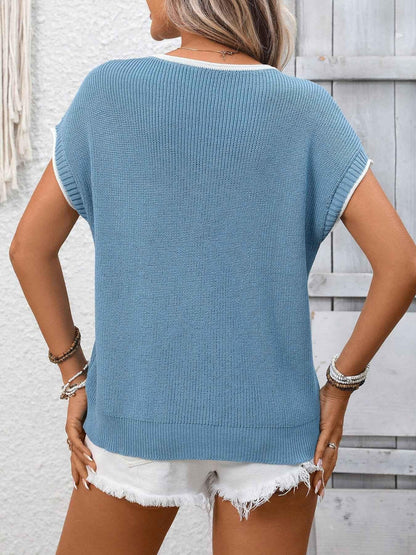 Contrast Trim Short Sleeve Sweater