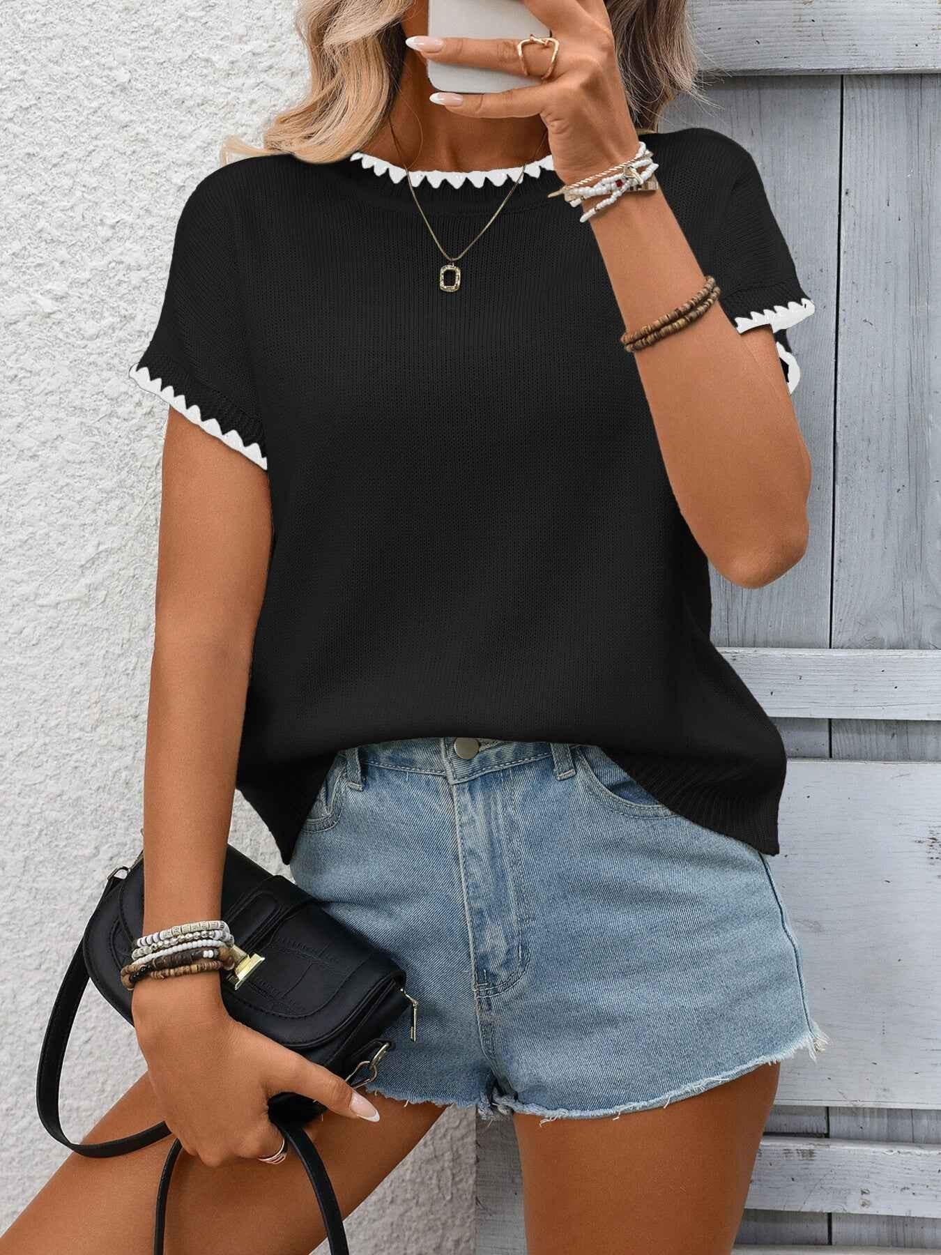 Contrast Trim Short Sleeve Sweater
