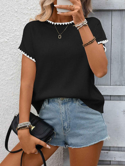 Contrast Trim Short Sleeve Sweater