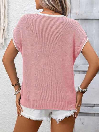 Contrast Trim Short Sleeve Sweater