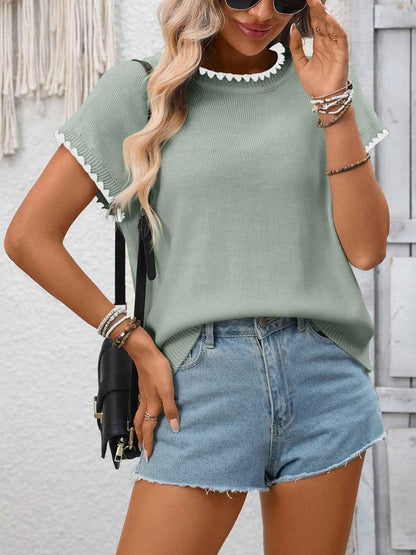 Contrast Trim Short Sleeve Sweater