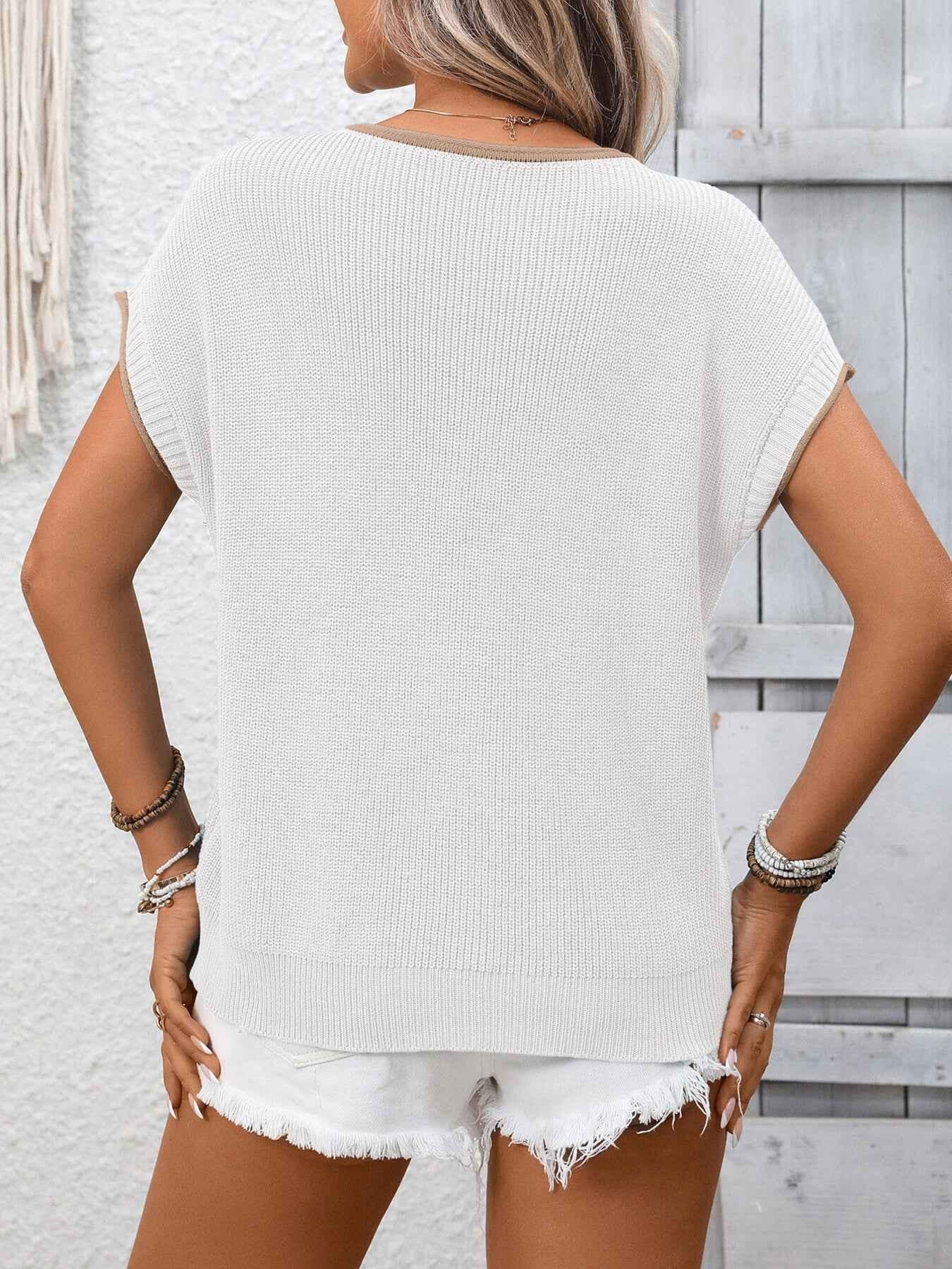 Contrast Trim Short Sleeve Sweater