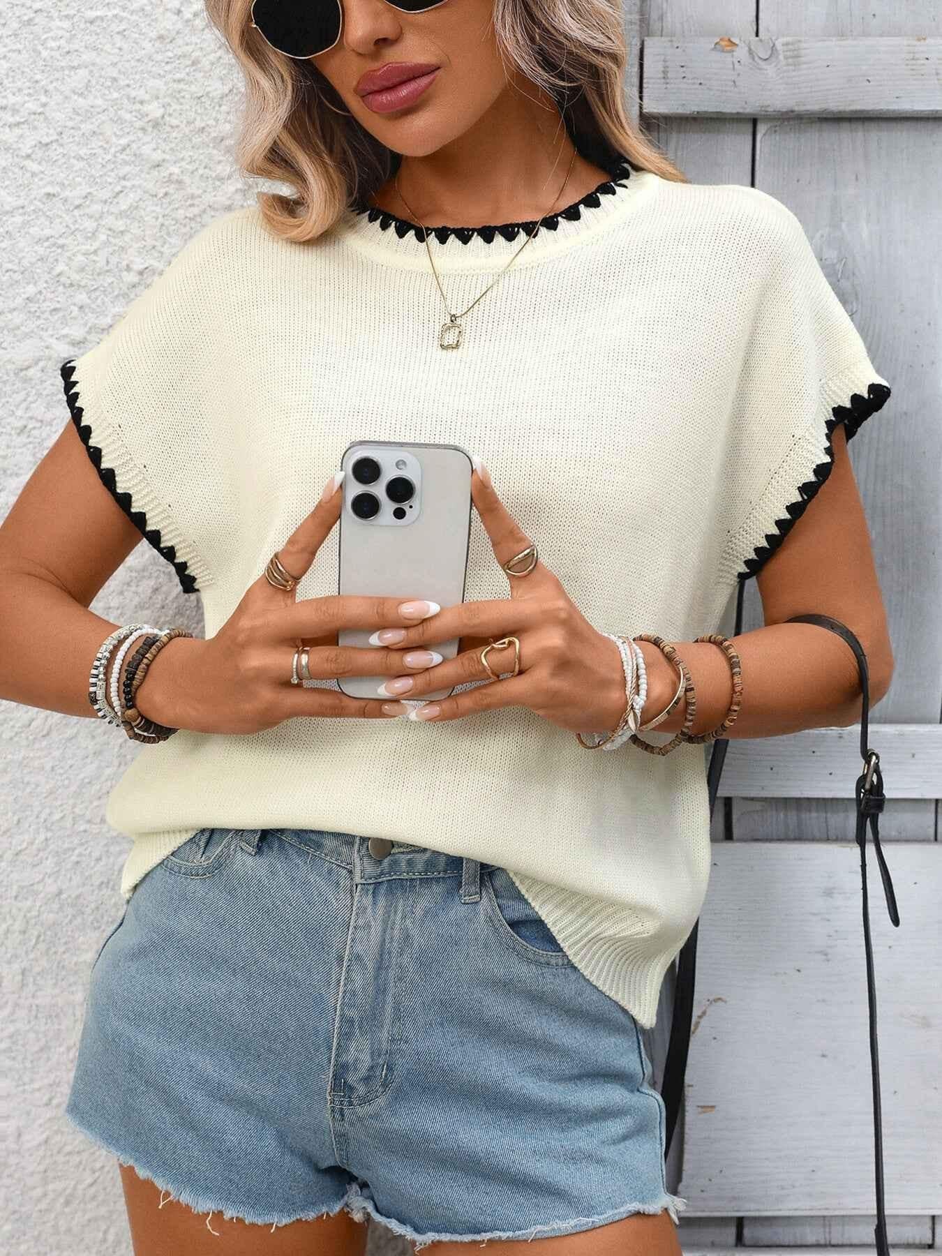 Contrast Trim Short Sleeve Sweater