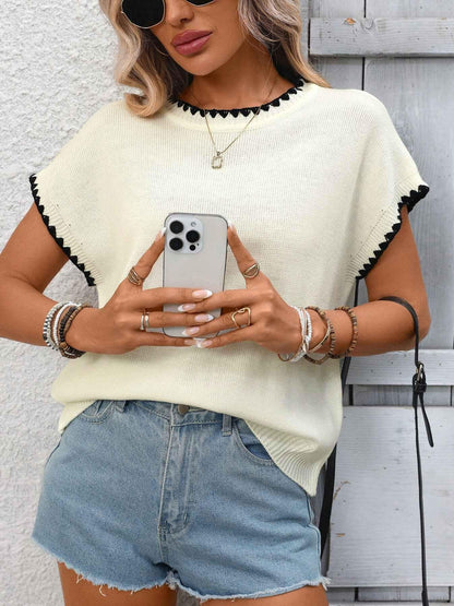 Contrast Trim Short Sleeve Sweater