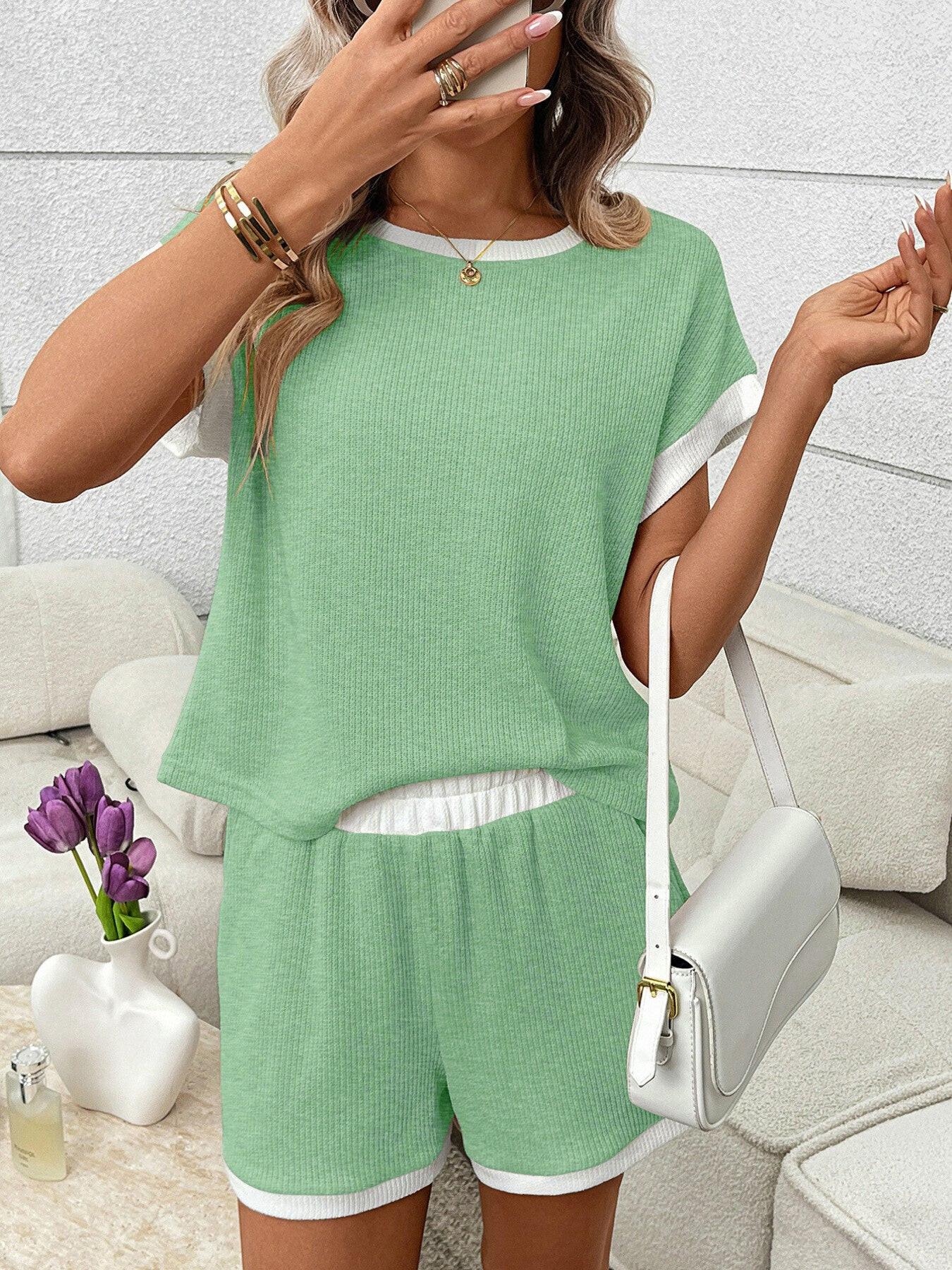 Contrast Trim Short Sleeve Top and Shorts Set