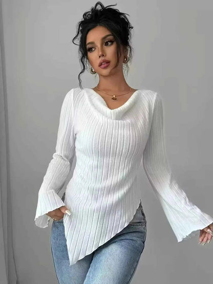 Cowl Neck Ribbed Knit T-Shirt