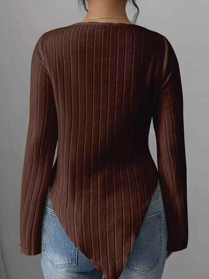 Cowl Neck Ribbed Knit T-Shirt