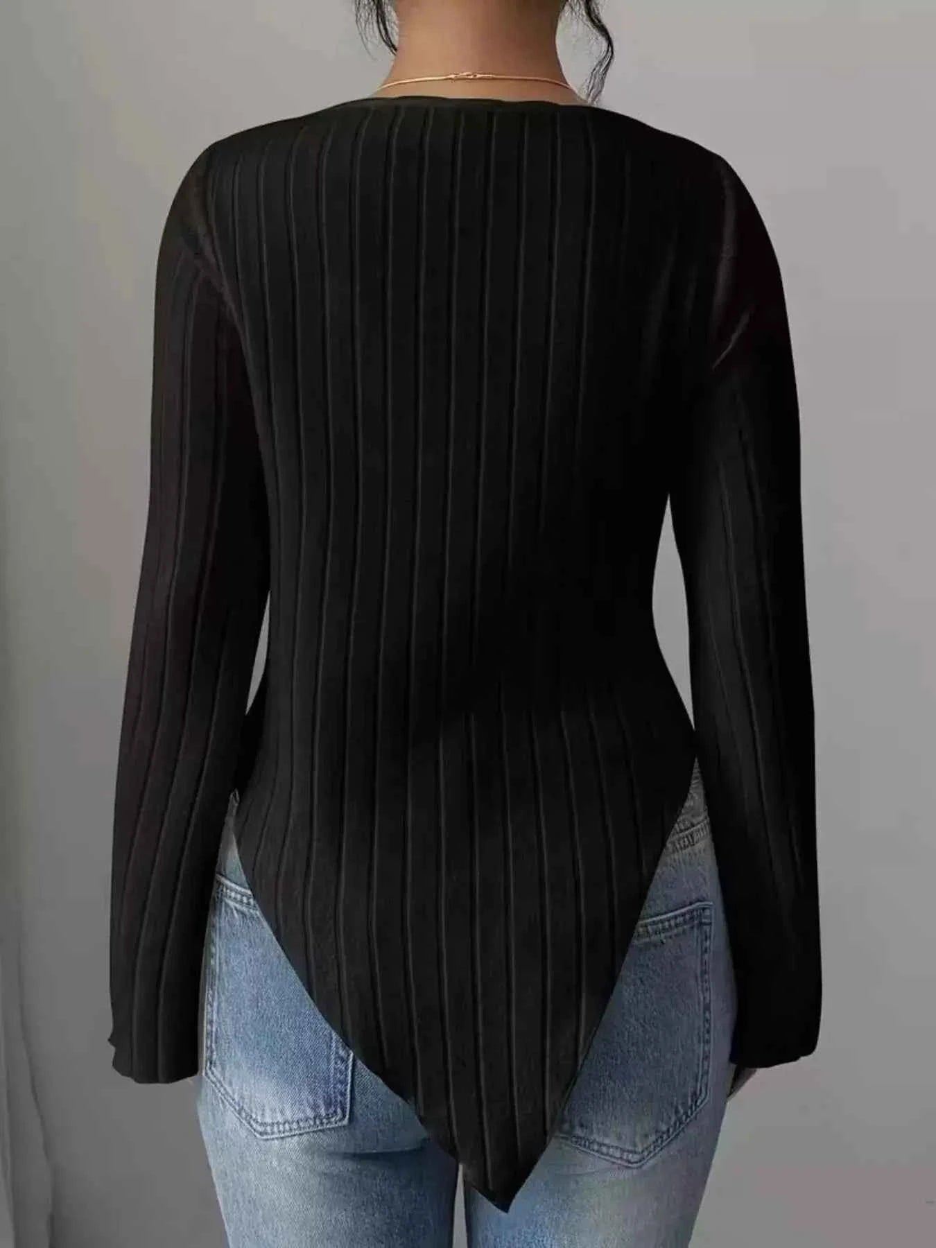 Cowl Neck Ribbed Knit T-Shirt