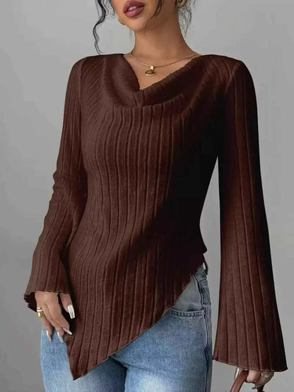 Cowl Neck Ribbed Knit T-Shirt