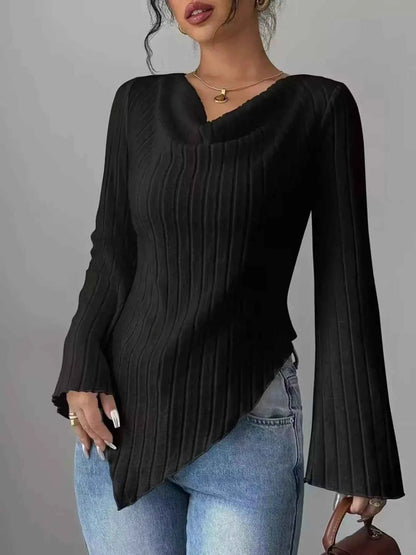 Cowl Neck Ribbed Knit T-Shirt