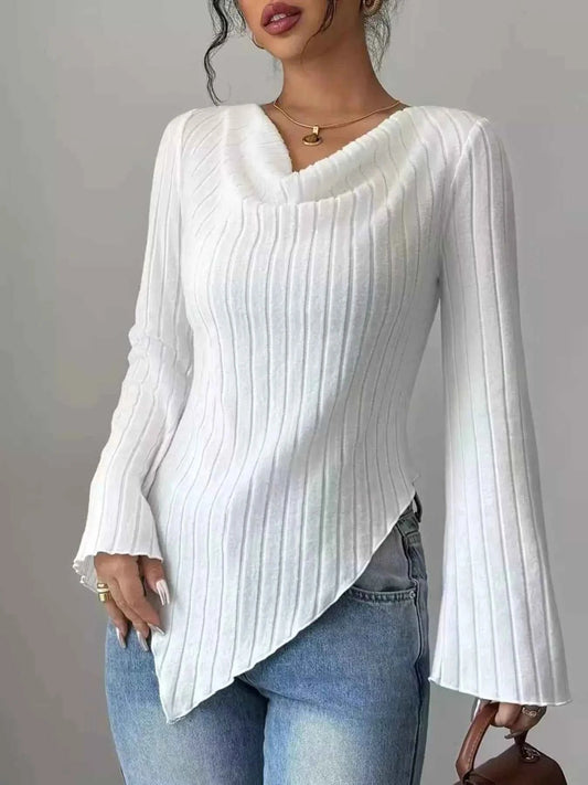 Cowl Neck Ribbed Knit T-Shirt
