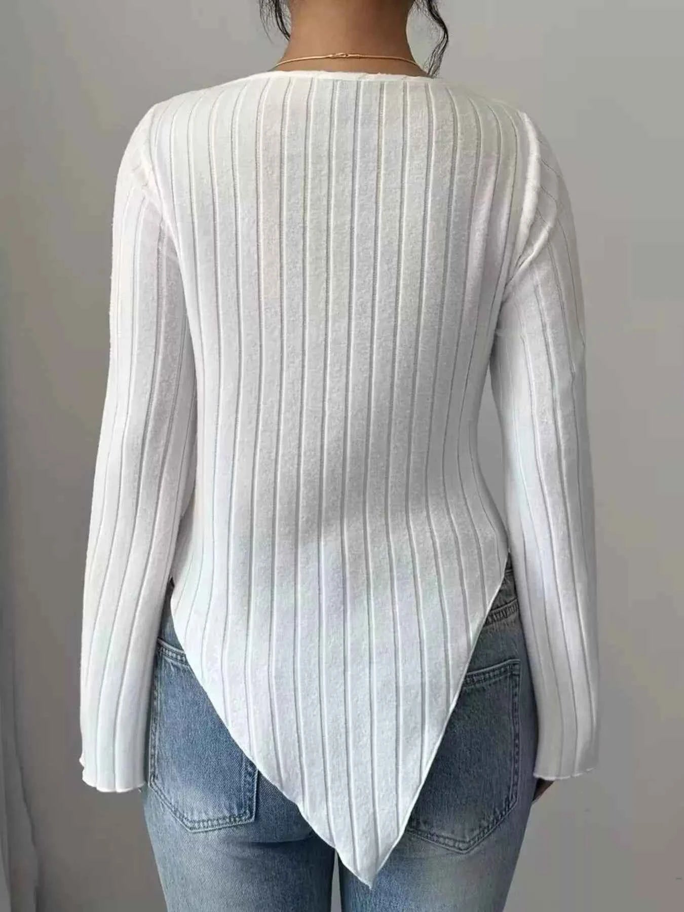 Cowl Neck Ribbed Knit T-Shirt