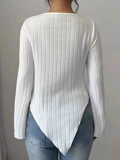 Cowl Neck Ribbed Knit T-Shirt