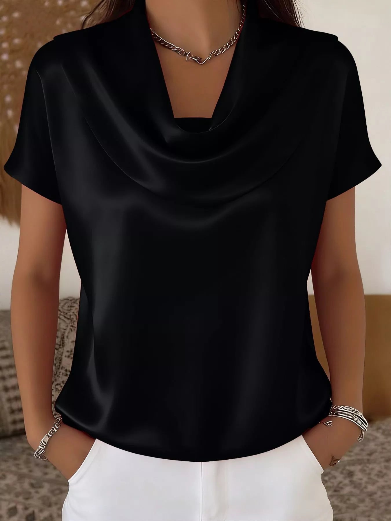 Cowl Neck Short Sleeve Blouse