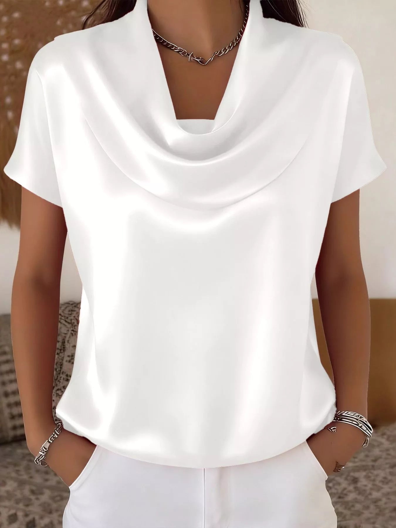 Cowl Neck Short Sleeve Blouse
