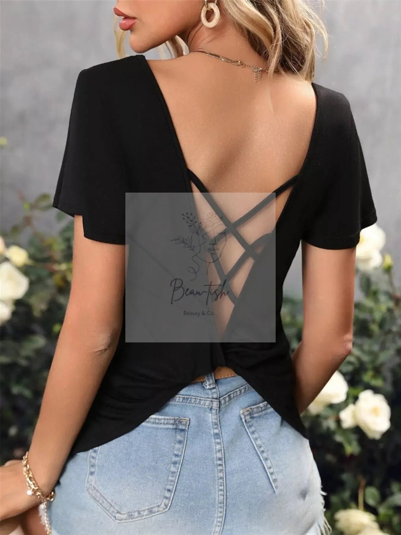 Crisscross Back V-Neck T-Shirt