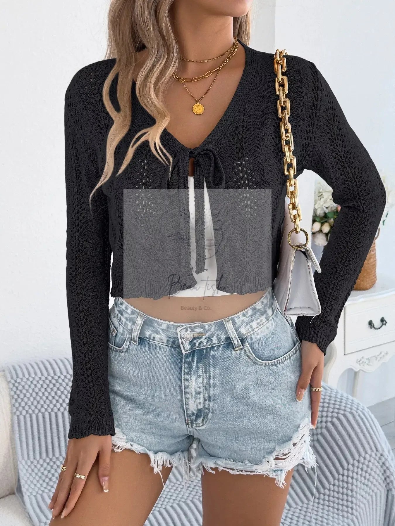 Crochet Knit Tie Front Cropped Cardigan