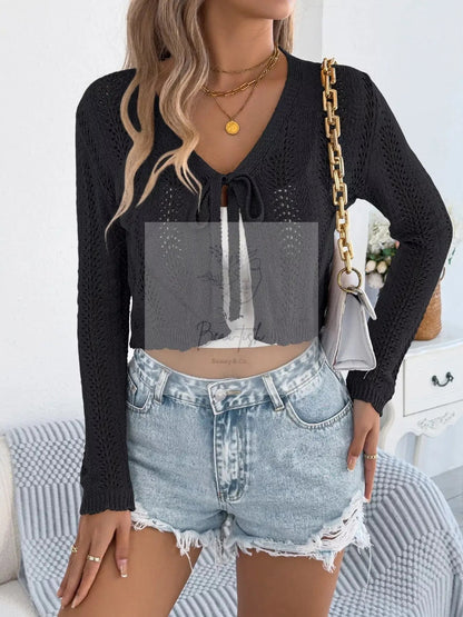 Crochet Knit Tie Front Cropped Cardigan