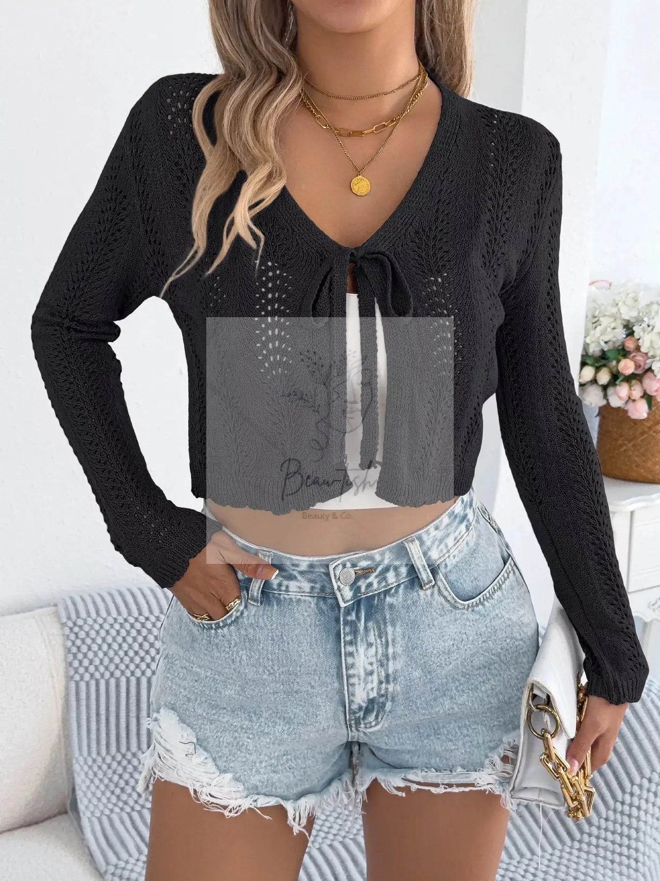 Crochet Knit Tie Front Cropped Cardigan