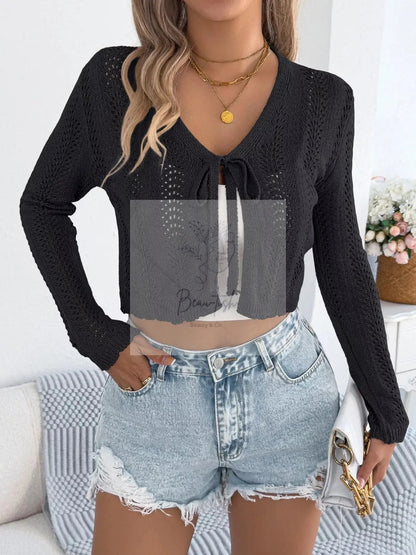 Crochet Knit Tie Front Cropped Cardigan
