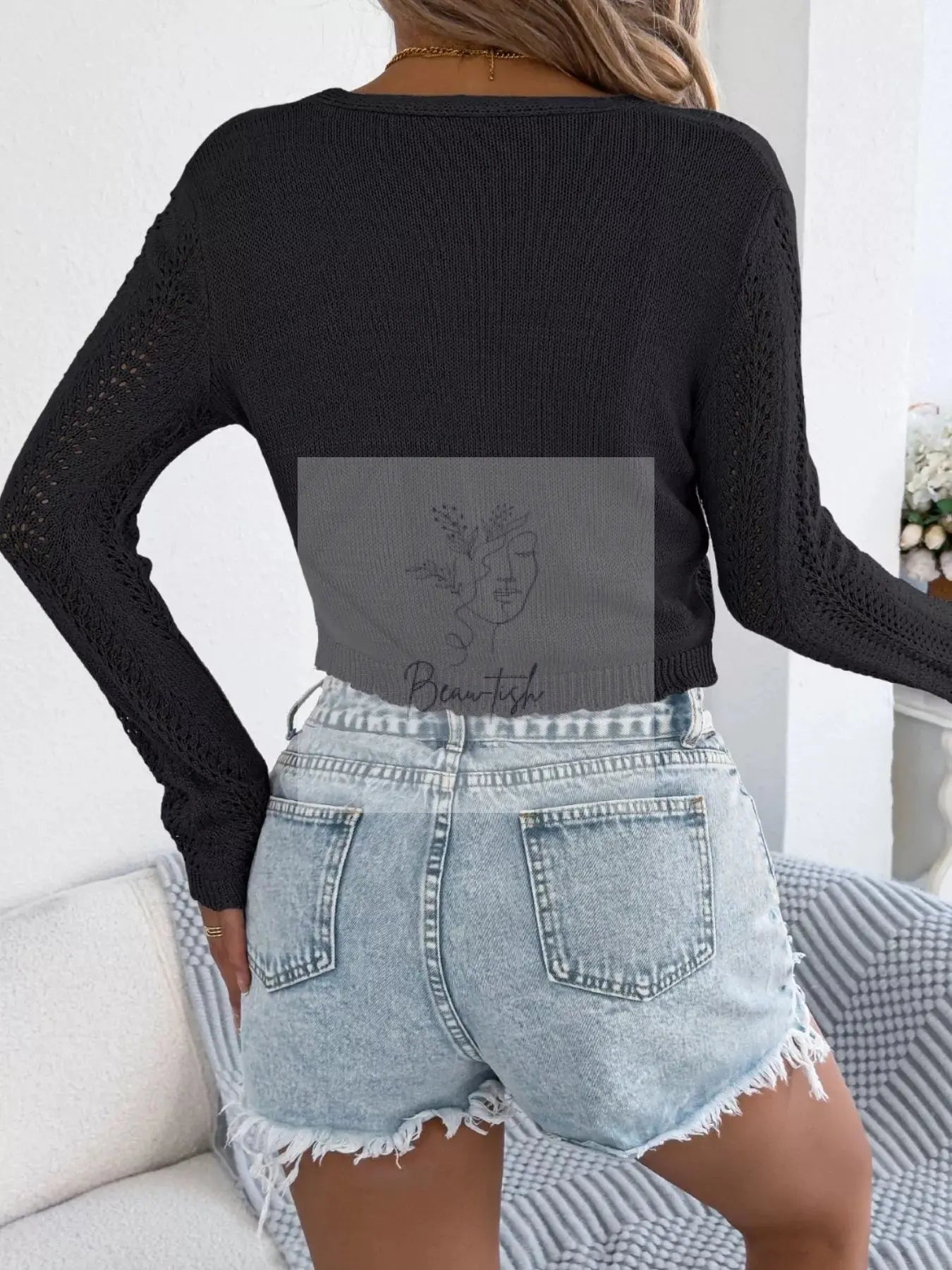 Crochet Knit Tie Front Cropped Cardigan