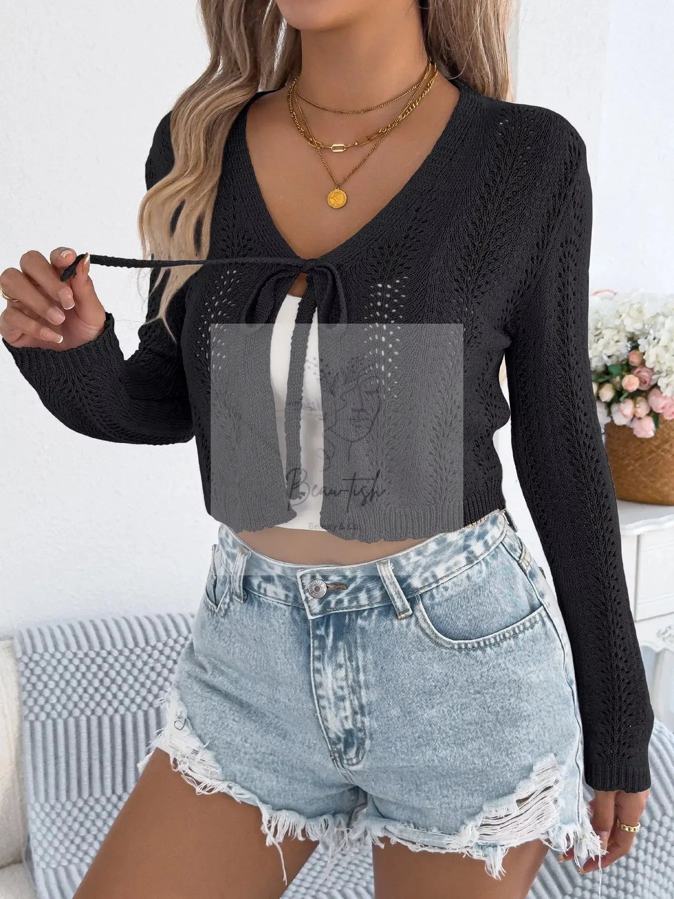 Crochet Knit Tie Front Cropped Cardigan