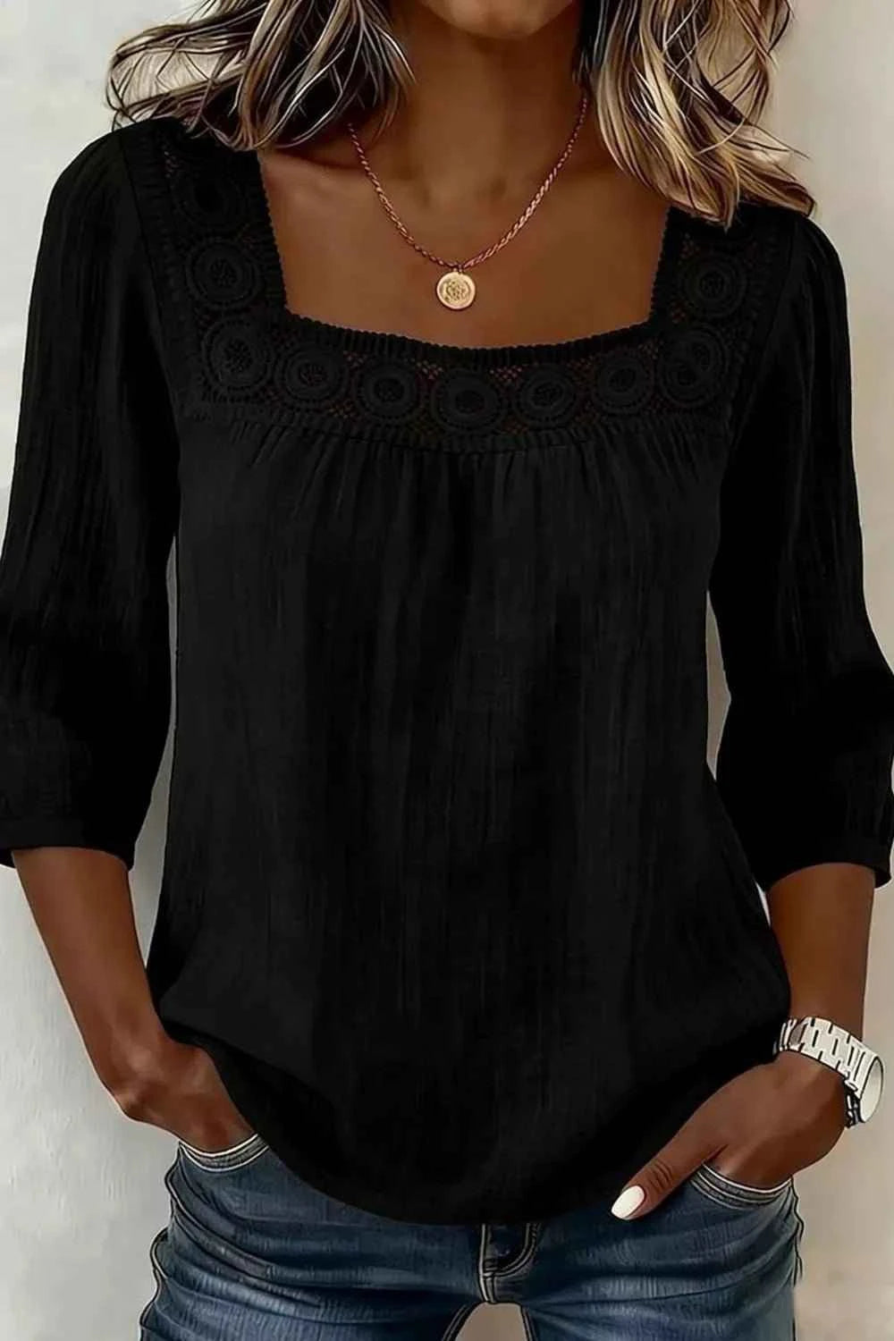 Crochet Trim Square Neck Blouse