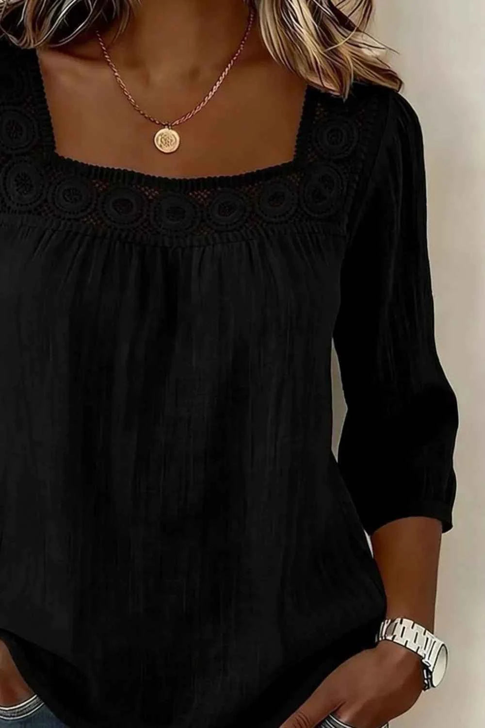 Crochet Trim Square Neck Blouse