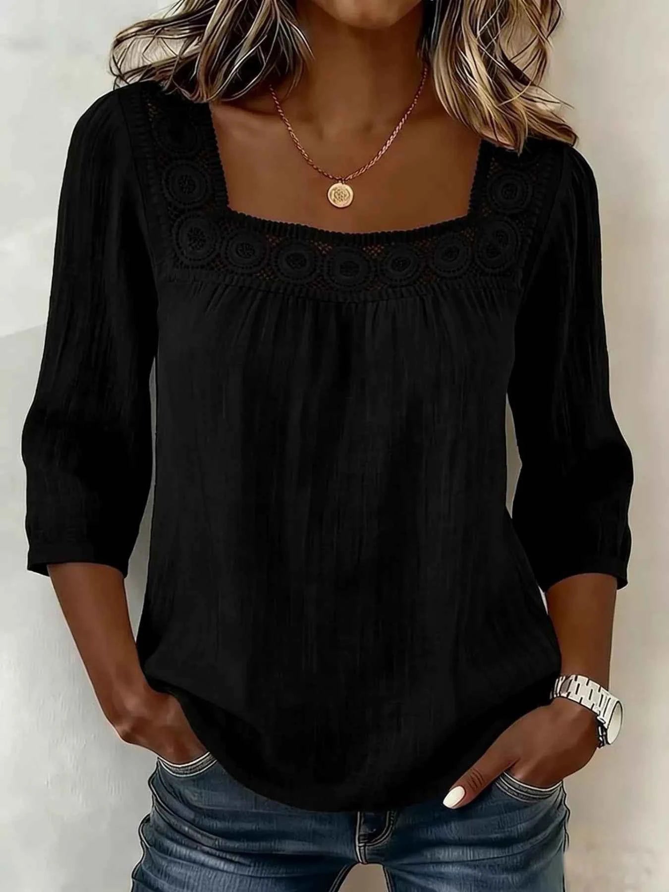 Crochet Trim Square Neck Blouse