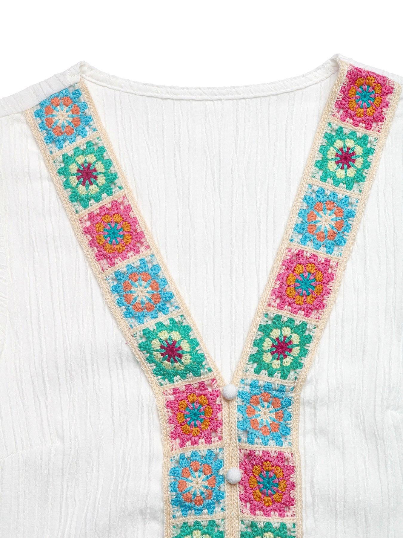 Crochet Trim V-Neck Blouse