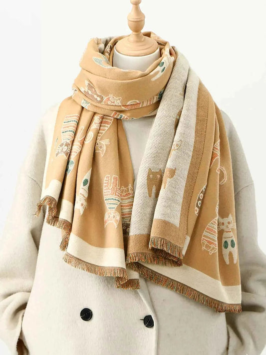 Cute Cat Pattern Raw Hem Scarf