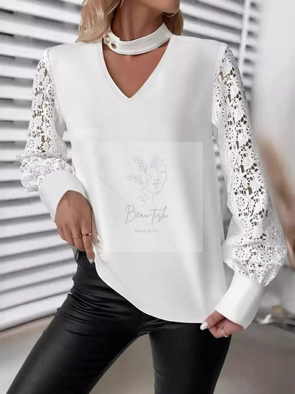 Cutout Front Lace Sleeve Blouse