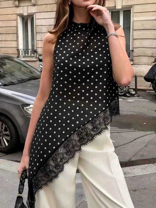 Polka Dot Lace Trim Asymmetrical Hem Sleeveless Blouse