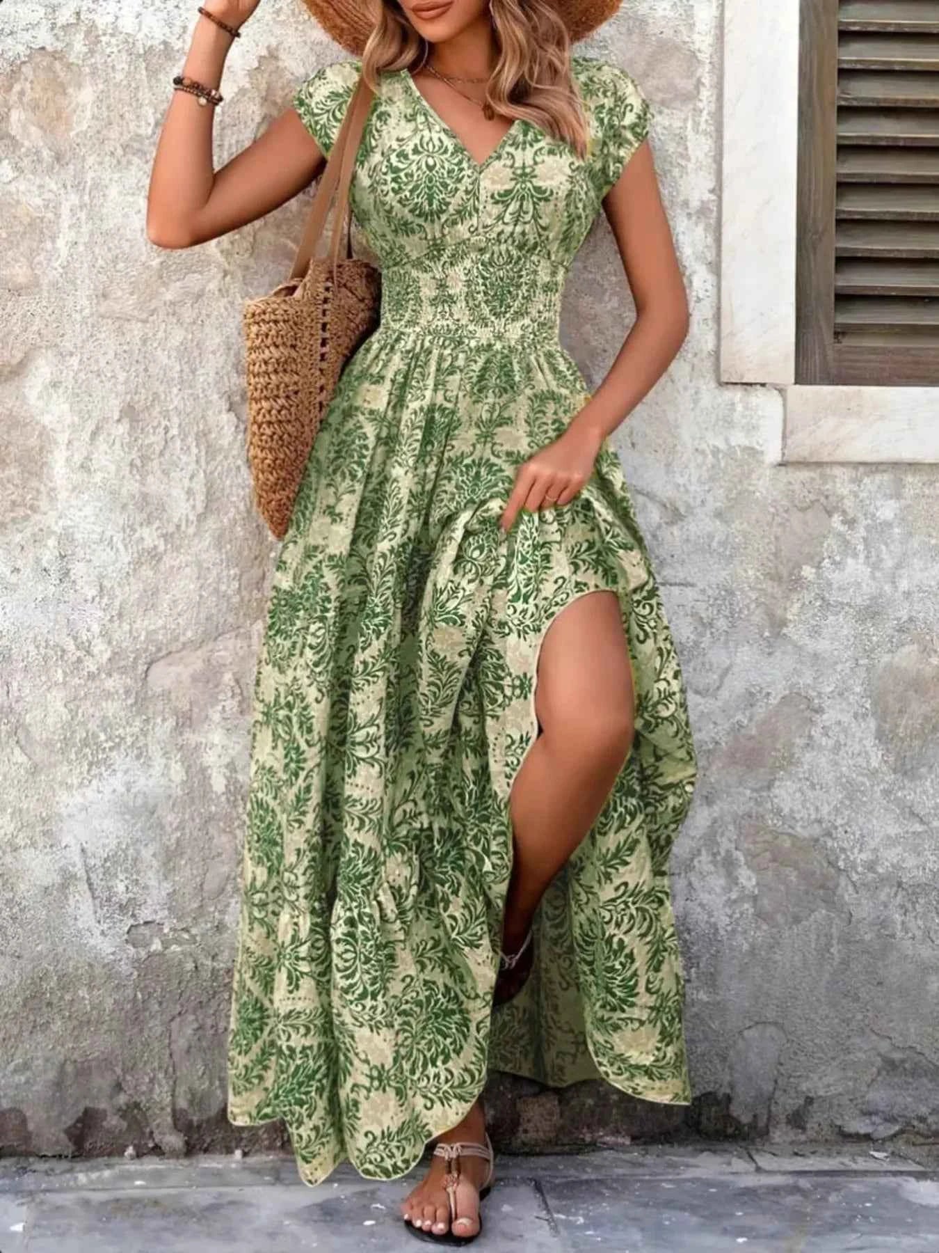 Full Size Printed V-Neck Tiered Maxi Dress Plus Size