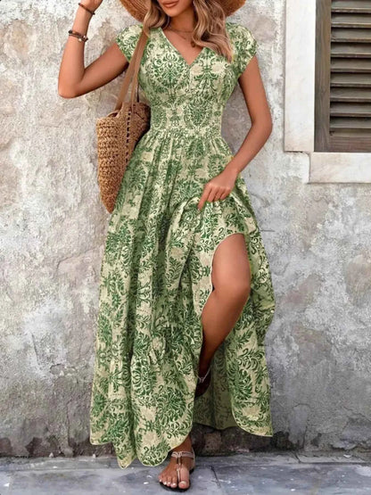 Full Size Printed V-Neck Tiered Maxi Dress Plus Size