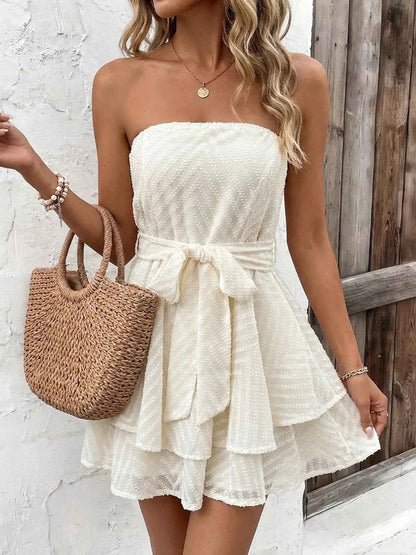 Ruffle Textured Tube Mini Dress